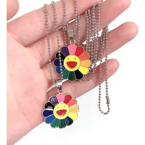 Cute Colorful Sunflower Rainbow Pendant Necklace for Men Women Long Chain Fashion Kpop Smiley flower Neck Chains Punk Jewelry