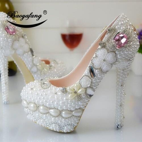Bao YaFang 2019 New arrival Womens wedding shoes white pearl Swan Bridal party dress shoe Woman High heels platform shoe