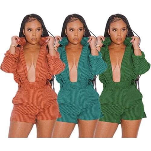 Echoine autumn sexy solid striped print lapel long sleeve shirt top pocket shorts two-piece set woman casual streetwear outfit