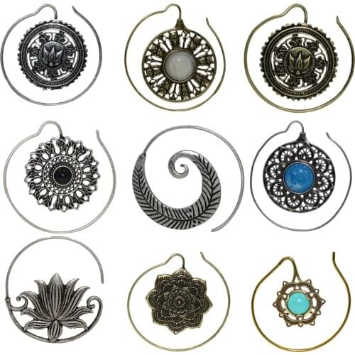 PAIR Fashion Brass Tribal Indian Ear Weight Stud Charming Lotus Flower Vintage Surya Hoop Spiral Drop Earring Piercing