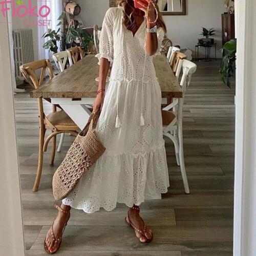 Flokocloset Casual Sweet V-Neck Print Short Sleeve Maxi Dress Summer Beach Hollow Out Ruffles A-LINE Women Party Sundress