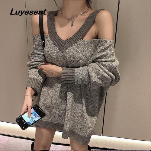 Sexy Lady Vingtage Pullover Gary Sweaters Autumn Women Deep V Neck Off Shoulder Split Loose Knit Sweaters Korean Fashion Jumpers