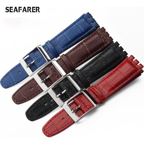 High Quality Luxury Black Brown 17mm 19mm Waterproof Genuine Leather Watch Strap Band For Swatch Alligator Pattern Leather Belt