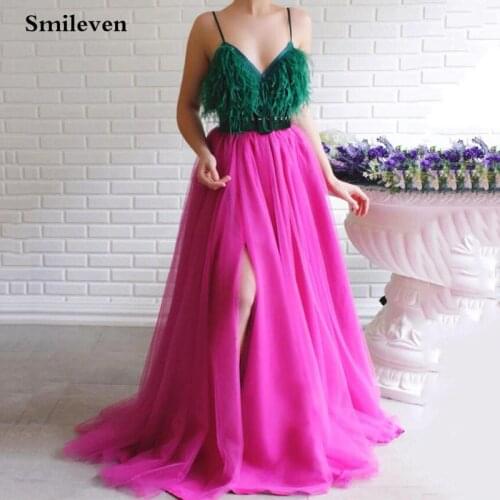 Smileven Hot Pink Prom Dresses 2020 Spaghetti Straps Feather Evening Dresses Side Split Sweetheart A-Line Party Gowns