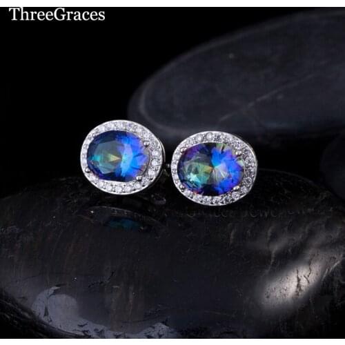 ThreeGraces Natural Rainbow Mystic Blue Jewelry Around Sparkling CZ Pave New Fashion Stud Earrings For Ladies Gift ER205