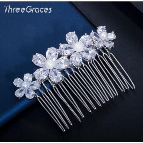 ThreeGraces Sparkling Cubic Zirconia Silver Color Big Flower Simulated Pearl Bridal Wedding Hiar Comb for Women Jewelry HA031