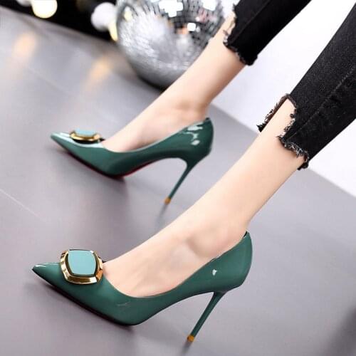 MGHY Pumps 34-40size ,9.5cm heel,New pointy high heels new sexy patent leather square buckle girls elegant shoes 006