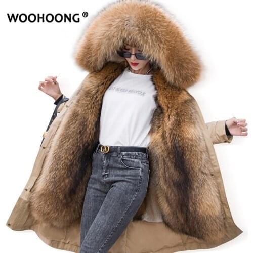WOOHOONG Winter Jacket Women Real Fur Coat Natural raccoon Fur Collar thick warm Muskrat Mink Fur detachable vest X-Long Parkas