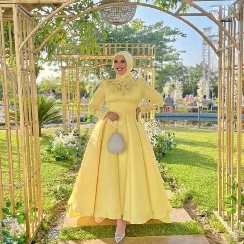 Yellow Asymmetrical Prom Dresses Crystal A Line Arabic Dubai Party Gown Long Sleeve Satin Ruched Formal Wear 2021