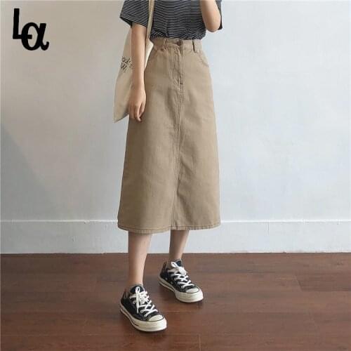 Luck A Retro Womens Long Denim Skirt Khaki Oversized High Waist Button Pocket Split Jeans Straight Plus Size Split Long Skirt