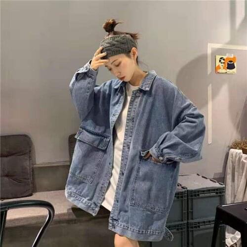 Womens Denim Jacket Casual Big Pocket Korean Womens Autumn Jacket Fashion Loose Denim Jacket Blue Oversized Denim Jacket Women