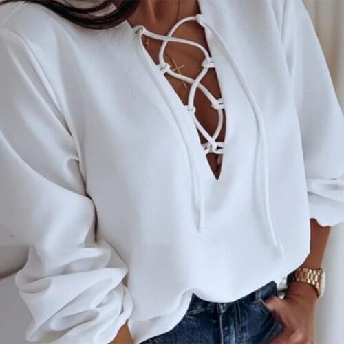 Sexy Deep V-neck Neckline Drawstring Women Blouse Shirts Lantern Sleeve Solid Color Blouse Vintage New Arrival 2021 White Blusas