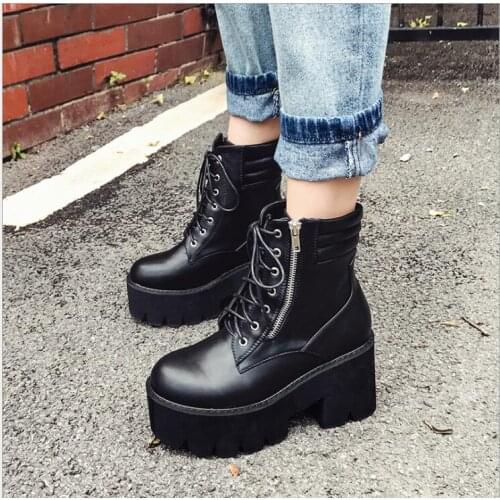 Womens Lace Up Mid Heels Woman Metal Black Female Footwear Ladies Shoes Sexy thick heels Women Platform Motorcycle Ankle Boots