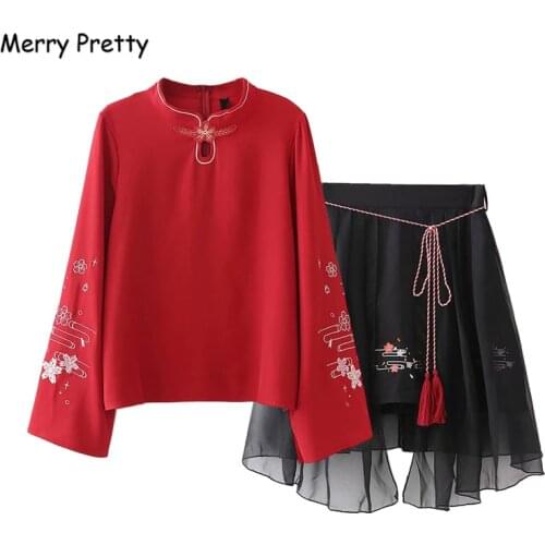 Merry Pretty S-XL 2 Pieces Set Women Chinese Style Floral Embroidery Long Sleeve Red Blouse And Mesh Skirt Women Clothing Set