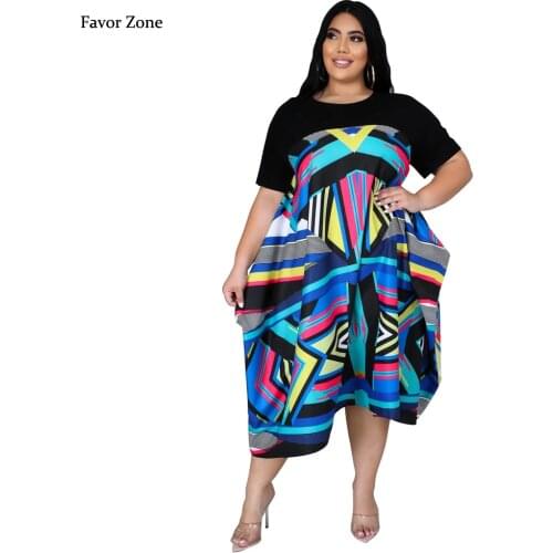Womens Asymmetrical Casual Loose Plus Size Midi Dress Summer Fashion Patchwork Round Neck Large Size Colorful Print Beach Dress