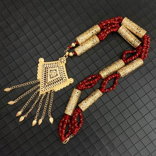 Gold Crystal Beaded Necklace with Leaf Pendant for A Womans Moroccan Wedding Jewelry with Arabic Handmade Natural Stone Choker