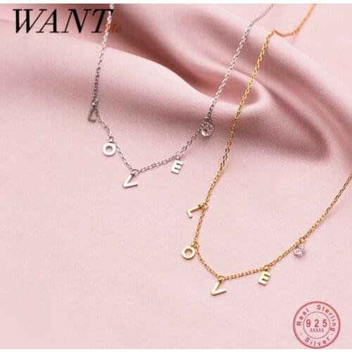 WANTME 925 Sterling Silver Romantic Initials LOVE Zircon Pendant Necklace for Women Fashion Wedding Anniversary Jewelry Gift