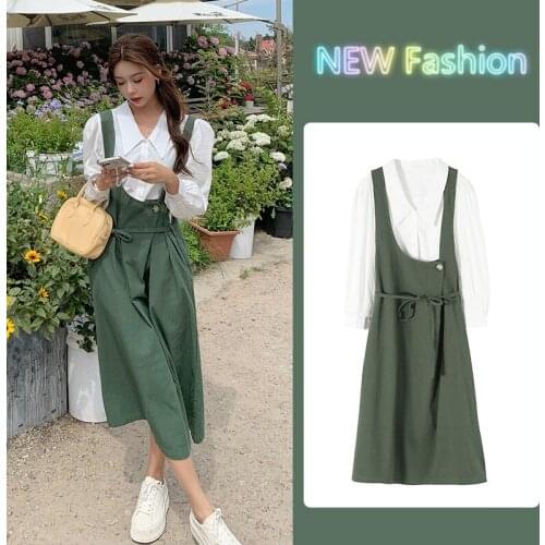 GUUZYUVIZ Autumn Winter Vintage Green Women Dress Elegant Bandage Long Sleeve White Shirt Plus Size 2 Piece Set