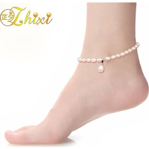 ZHIXI Natural Freshwater Pearl Anklets Fine Jewelry Real Pearl Ankle Bracelet Water Drop 21cm Trendy Gift For Women NYJL101