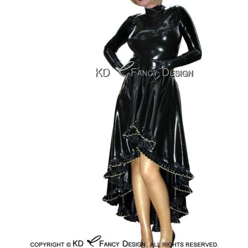 Black And Golden Sexy Latex Dress With Ruffles Zipper At Back Rubber Gown Bodycon Playsuit LYQ-0127