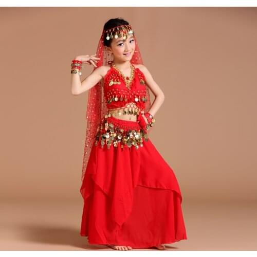 Kids Girls Belly Dance Costume Coin Tassel Halter Top Skirt Hip Scarf Veil Set