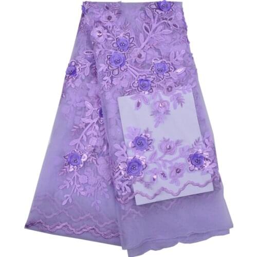 Purple African Lace Fabric 3D Flower High Class 2018 French Tulle Lace Fabric Appliqued Nigerian Net Lace For Wedding Dress 1285