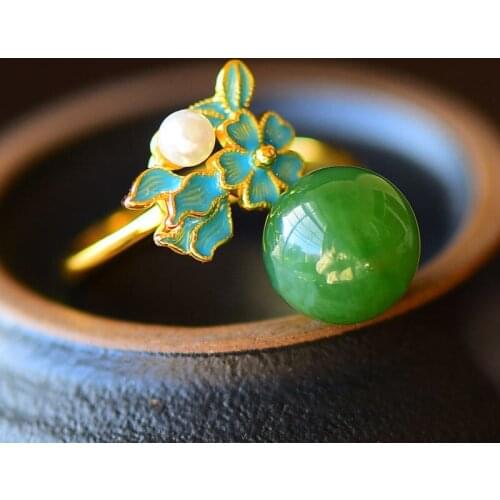 Natural Hetian Jade Green Jade Pearl Ring S925 Sterling Silver Ancient Gold Enamel Inlaid Exquisite Elegant Ring Ornament