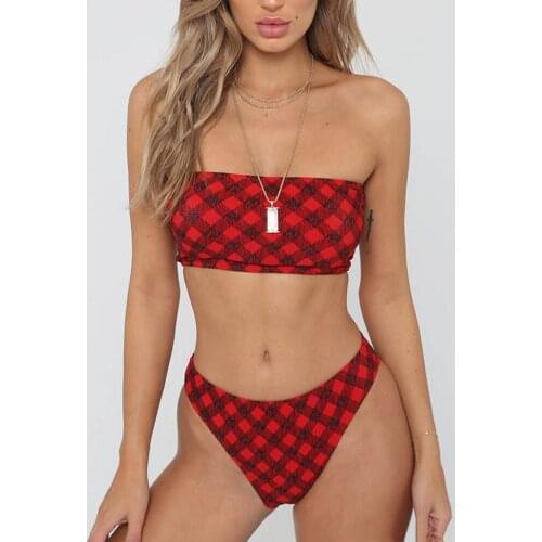2020 Red Plaid Bikini Set New High Waist Biquinis Tube Top Swimsuit Patchwork Bathing Suit Vintage Retro Swimming Suit Tankini