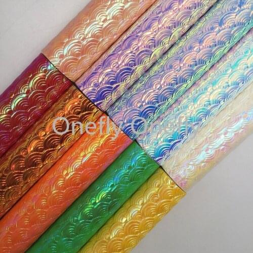 Onefly Wholesales Dropshipping Leather Supplier Iridescent Mermaid Synthetic Faux Vinyl Leather Fabric Sheets For Bow DIY FZ063
