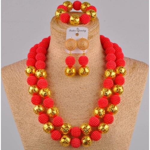 Red long 24 inches simulated pearl necklace nigerian wedding african beads jewelry set for women FZZ17