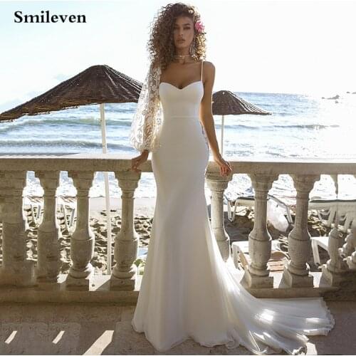 Smileven Luxurious Lace Mermaid Wedding Dresses Spaghetti Strap Ivory Lace Bridal Gowns One Shoulder Lace Wedding Gowns