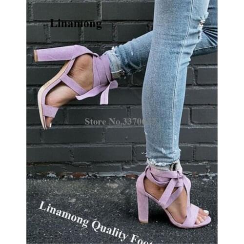 Ladies Cute Suede Leather Straps Cross Chunky Heel Gladiator Sandals Purple Rose Red Thick High Heel Sandals Wedding Shoes
