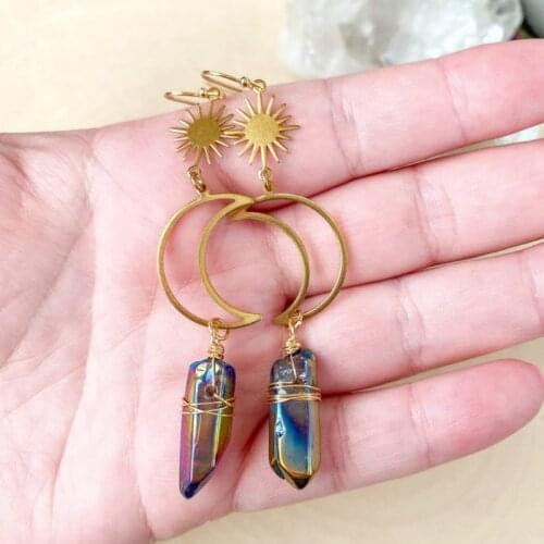 Crescent Moon Crystal Earrings |Aura Quartz Earring |Rainbow Quartz Earrings
