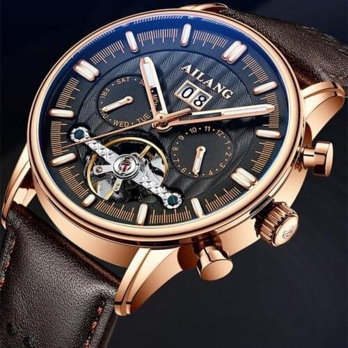 AILANG Mens Watch Automatic Hollow Stainless Steel Mechanical Watch Tourbillon Calendar Waterproof Luminous Business Watch 201