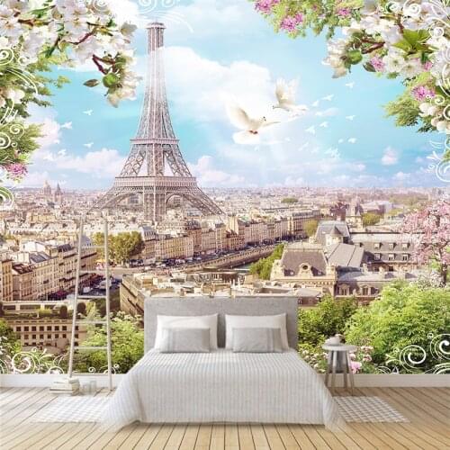 Custom any size 3D wall mural wallpapers Modern fashion EiffelTower Flowers Pigeon 3D Perspective Wall Sticker YBZ131