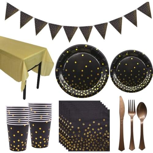 Foil Dot Disposable Tableware Black Gold Paper Towel Napkin Cup Plate Party Tissue Birthday Wedding Tablewares Baby Shower Decor