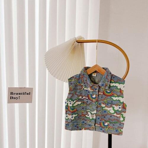 Autumn Girls Sleeveless Lapel Collar Denim Jeans Colorful Cloud Print Fashoin Vest Children Kids Casual Waistcoat Outerwear