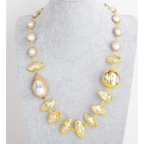 20" Freshwater Natural White Keshi Biwa Pearl Yellow Golden Plated Necklace