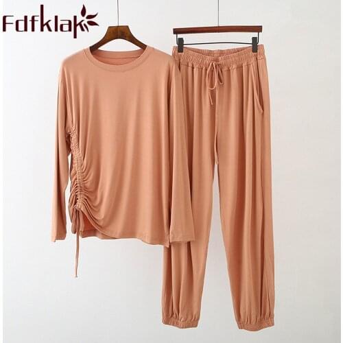 Fdfklak 2 Pieces Autumn Women Soft Pajamas Female Modal Pajamas Set Mujer Long Sleeve Sleepwear for Girls Ladies Pyjamas