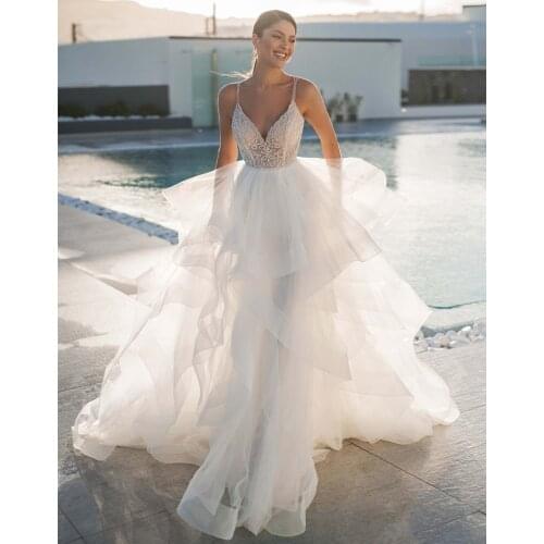 Sexy V neck Boho A Line Wedding Dress 2021 Beach Appliques Crystal Beading Spaghetti Straps Vestido De Noiva White Bridal Gowns