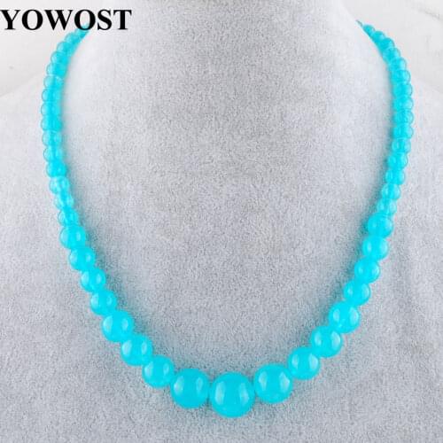 Popular fashion Smooth Stone Round Beads 6mm-14mm graduated Sky Blue Jades beaded chokers necklaces for Lady 44cm Length QF3012