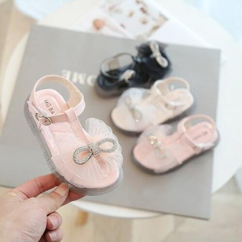 Hot Summer Girls Sandals With Bow Open Toe Diamond Princess Party Shoes Soft Flat Sandals For Girls Kids Sandals