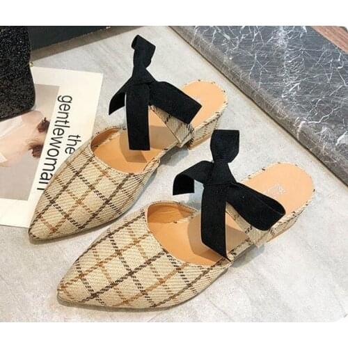 Plaid slippers Elegant tip Bow decoration Fashion spring High heels Square root comfort Summer sandals zapatos mujer U30-08