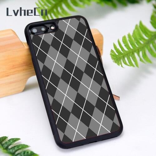 LvheCn Silicone Rubber Phone Case Cover for iPhone 6 6S 7 8 Plus X XS XR 11 12 Mini Pro Max Cute Argyle Black & Gray