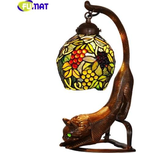 FUMAT Glass Table Lamp Retro Style Garden Story Grape Stained Glass Lampshade Cat Stands Lamp Living Room Hotel Bedside Lights