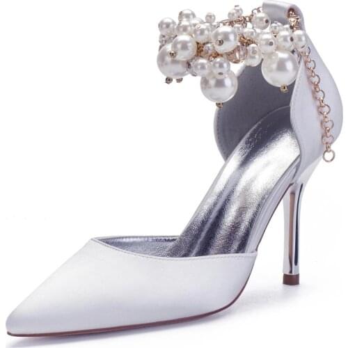 Satin Pearls High Heels Formal Party Dress Shoes Women Pointed Toe Heels Prom Evening Wedding Bridal Pumps