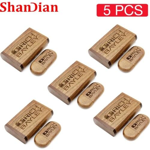SHANDIAN 5PCS/LOT USB Flash Drive Wooden Box Pen drive Wood USB2.0 Free custom logo 32GB 64GB Memory Stick for Gift 4GB 8GB 16GB