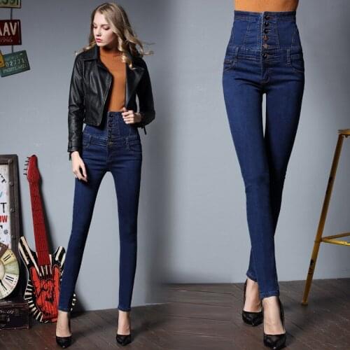 Spring Lace Up Vintage Jeans Woman High Waist Stretch Skinny Pencil Pants Mujer Plus Size Single Brested Denim Femme Trousers