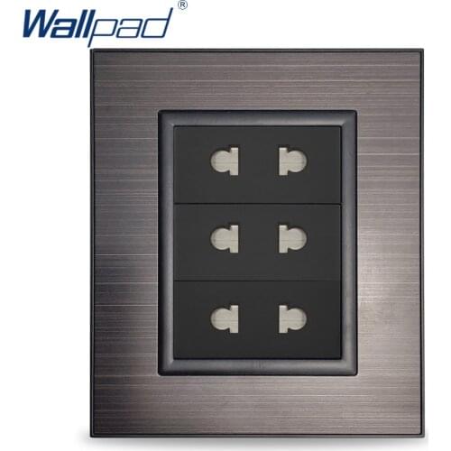 Wallpad 6 Pin Socket Black Stainless Steel Panel Wall Electric Power Outlet 10A AC 110~250V