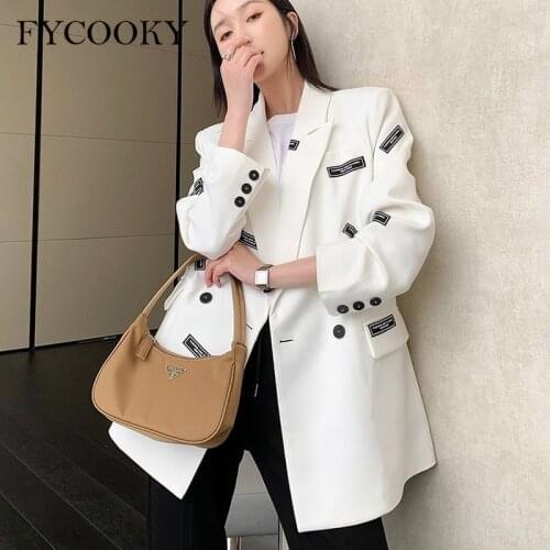 Korean Loose Blazers Women 2021 New Atumn England Style Print Design Suit Jacket Fashion Black White Blazer for Woman